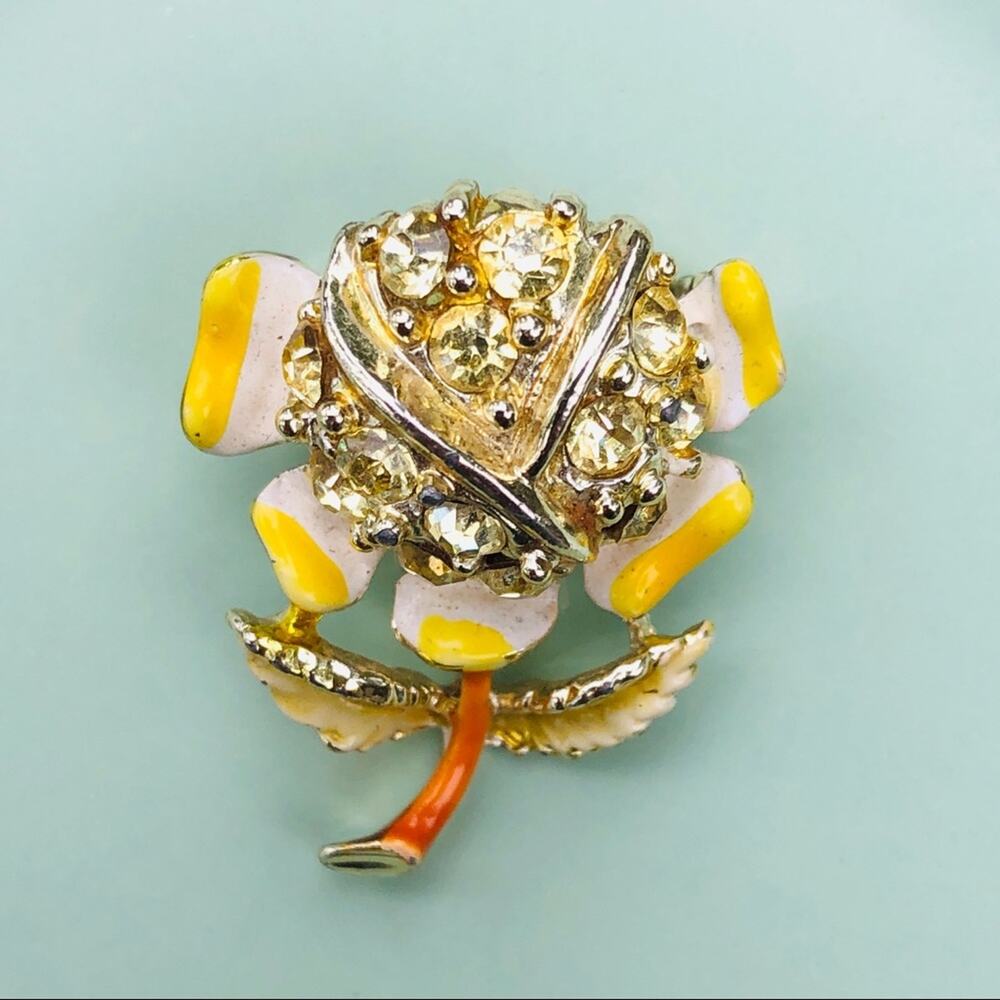Vintage Yellow Flower Pin, Rhinestones, Enamel White Orange 60s Retro